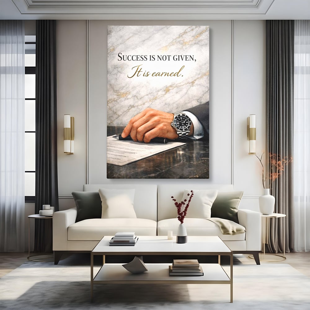 Tablou canvas cu tablou canvas cu citat motivational si mana cu ceas, fara rama, pe sasiu de lemn, pe perete intr-un living